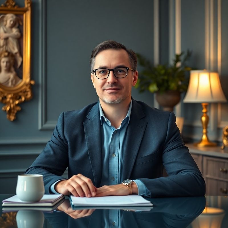 Finanční poradce u indigo laděného stolu, vstřícný a přístupný